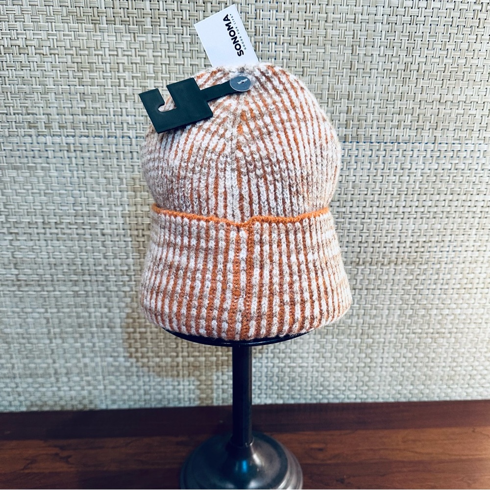 🌟2xHP🌟Burnt Orange & Cream Recycled Poly Blend Rib Knit Unisex Beanie OS